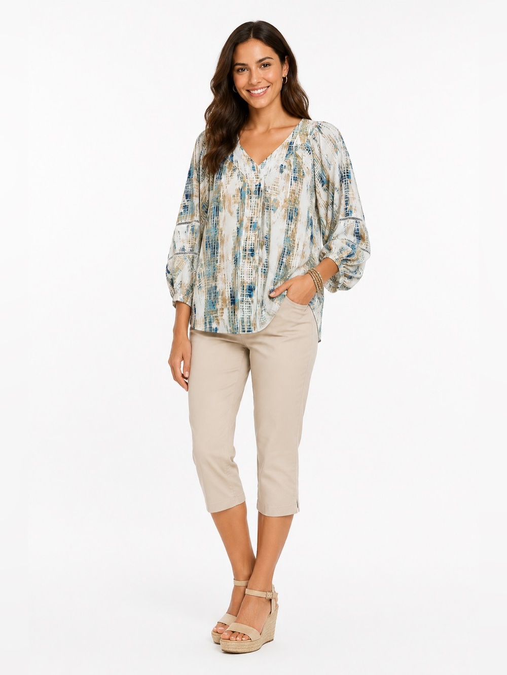 NWT Sharagano Abstract Watercolor Plaid Boho Peasant Blouse Split V-Neck Large